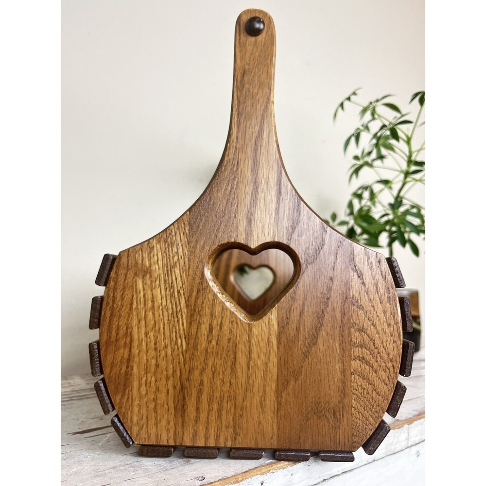 Vintage Primitive Wooden Dual Hearts Cutout Slatted Handled Basket Cottagecore